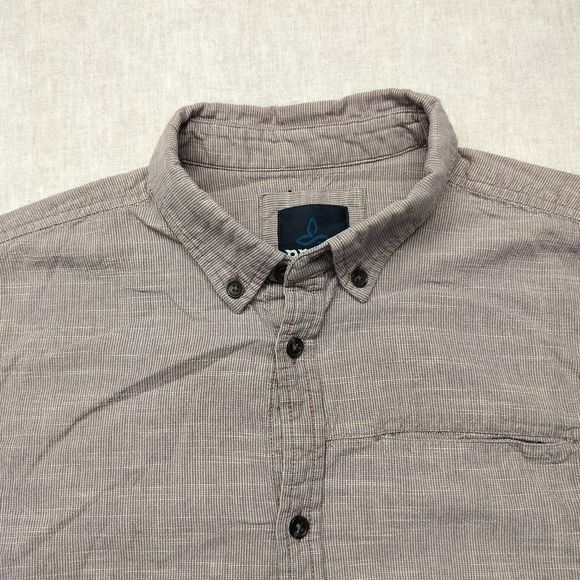 Prana Breathe Button Down Shirt Mens  Small Taupe Short Sleeve Micro Strips - Picture 6 of 13
